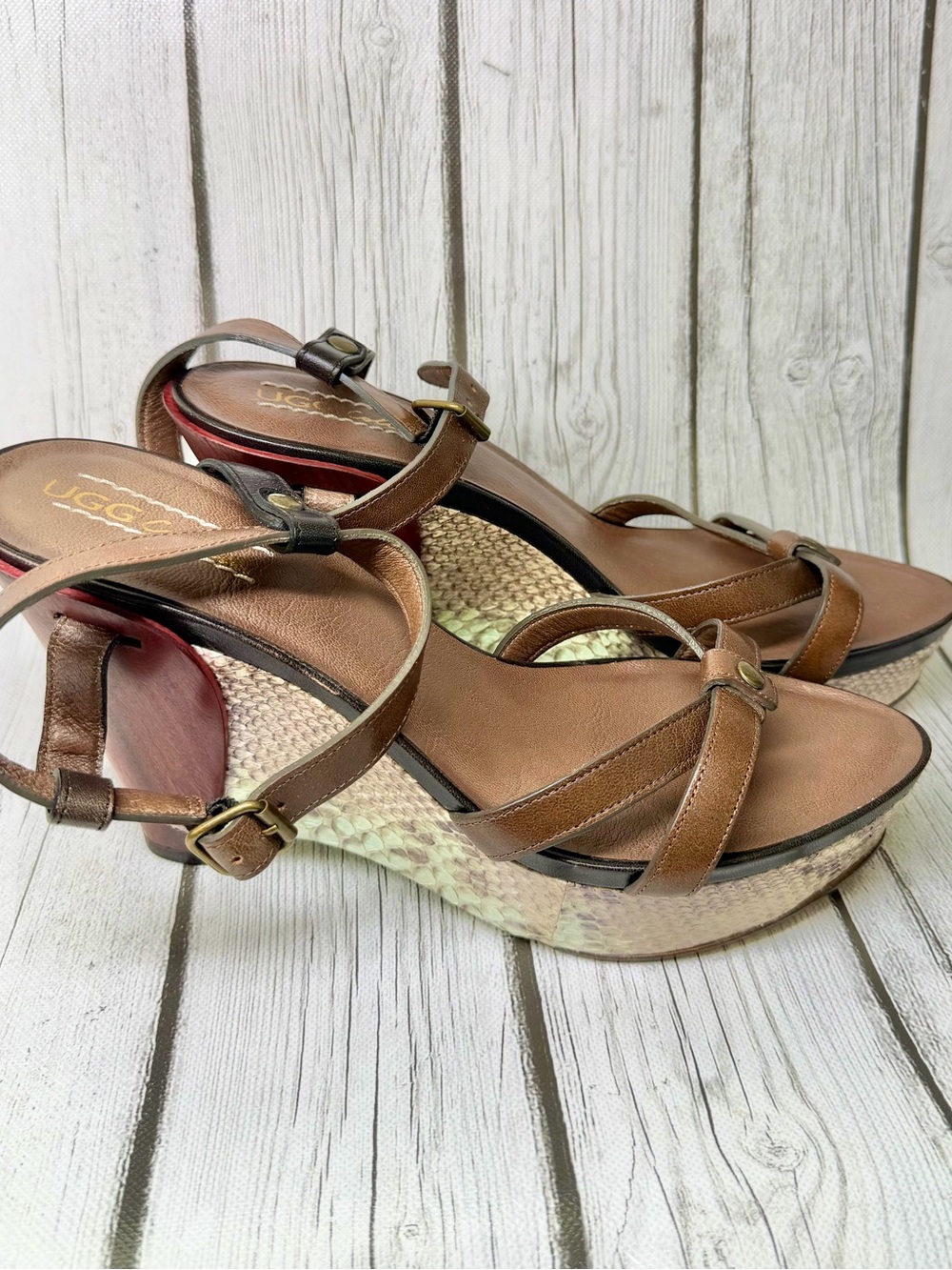 BRAND NEW UGG Brown Cream Embossed Snake Print Wedges